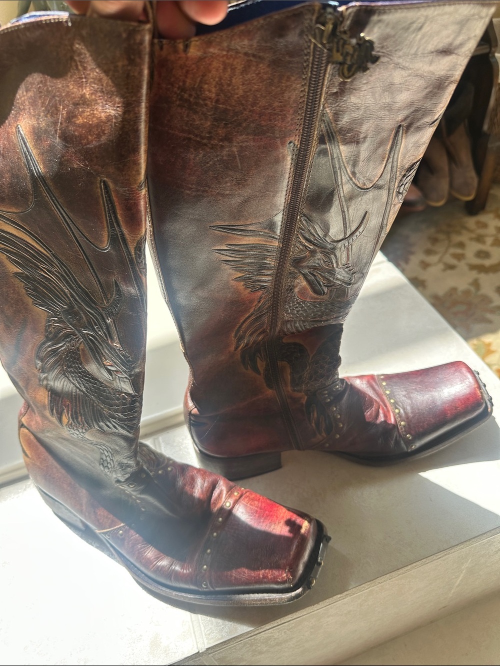 Mark Nason Red Brown Dragon-Embossed Western Boots